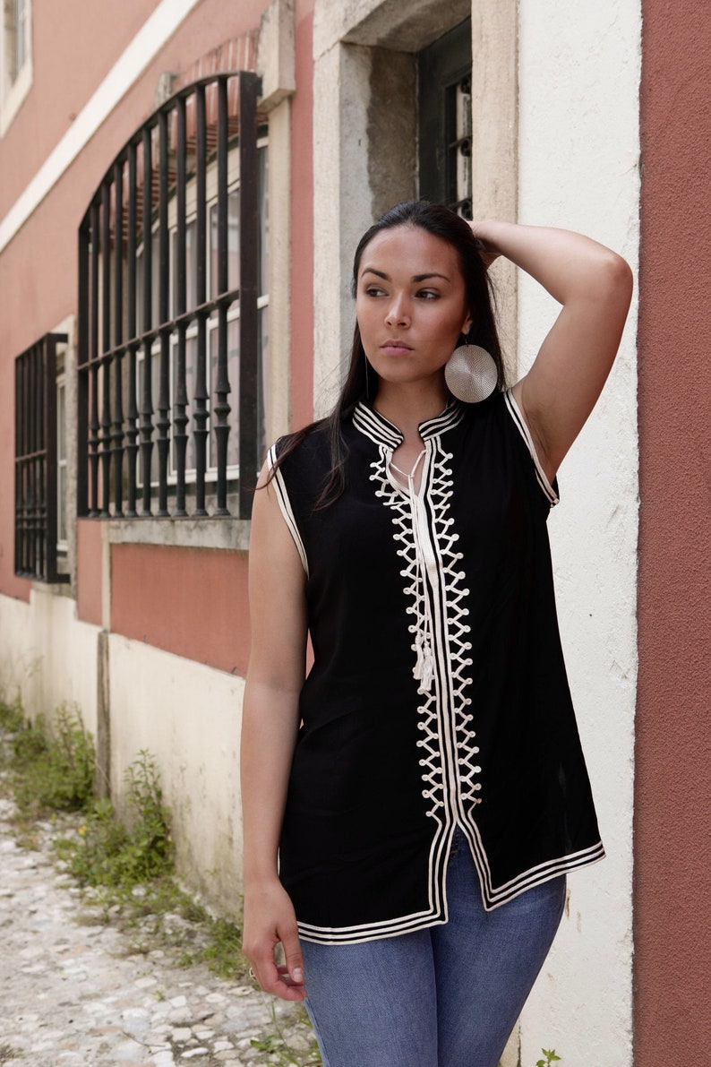 Black &White Tunic Zizi Embroidery Moroccan tunic, beach wedding,stayhome wear, shirt, blouse, holiday tunic, birthday gifts,,Gifts for her image 2