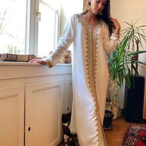 Spring Caftan Kaftan White &Beige kaftan Maxi Dress Karima-loungewear,beach kaftan, Autumn moroccan dress, mother's day,summer dress image 3