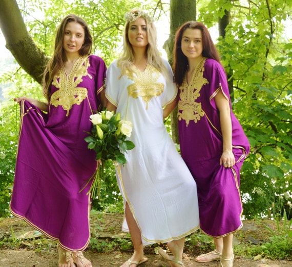 Set of 5 Bridesmaid robes,Bridesmaid gifts, White Gold Marrakech One Size Moroccan Kaftan-Beach wedding, bridal shower party, baby shower