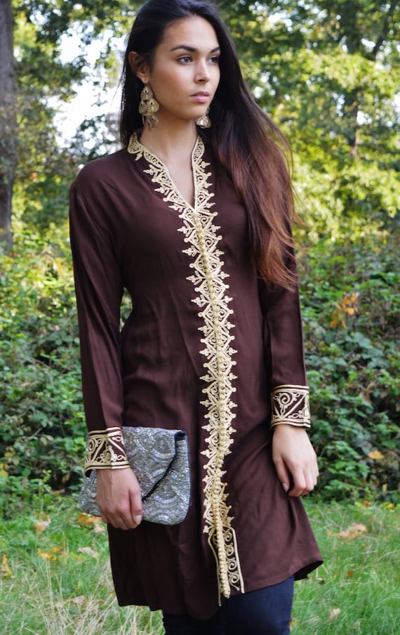Summer Dress Brown Tunic Dress Gold Embroidery-Samia- perfect   gifts,resort wear,  wear,  wear, boho dress,Summer dress,gift fo her,Eid,Eid
