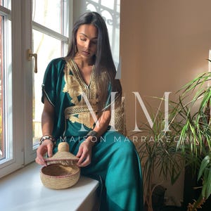 Etsy's Pick- Autumn Kaftan Dress Moroccan Green Gold Beach Caftan-beach cover up,resort dress,home dress,birthday,holiday dress, boho dress image 6