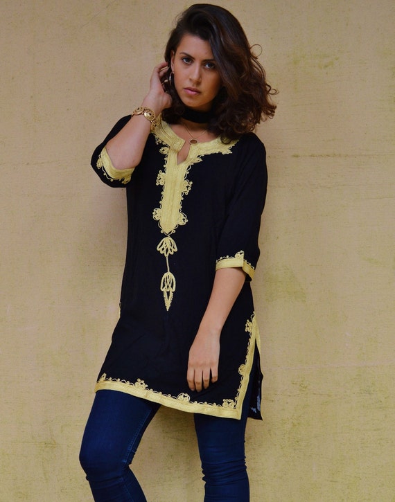 Bohemian Black with Gold Embroidery Moroccan Tunic Khalia-resortwear,cruise holiday tunic, handmade tunic,gifts for her, Ramadan gifts