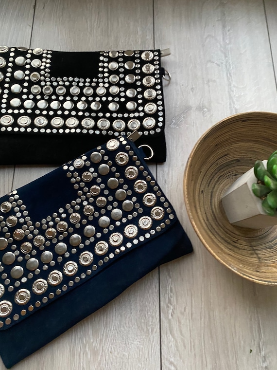 Navy Blue suede silver studs Hand Clutch with Shoulder Straps Berber style-bag, handbag, purse gifts, gifts for her Ramadan Etsy's Pick