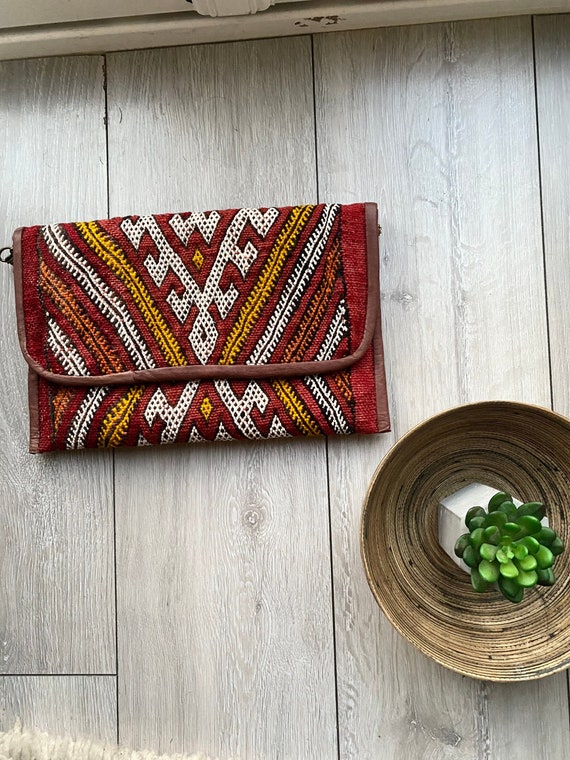 Moroccan Red Kilim Hand Clutch with Shoulder Straps Berber style-bag, handbag, purse, no.3 gifts, gifts  her  Ramadan,Gifts for her