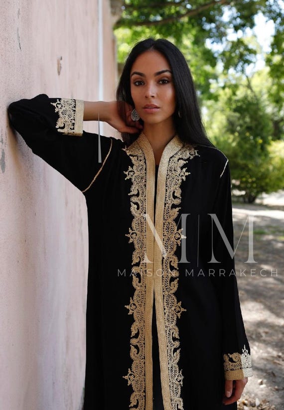 Summer Black Gold Kimono Jacket Leyla-caftan kimono,gown,party gown,birthday gifts,moroccan jacket,resort wear,cotton jacket, boho dress