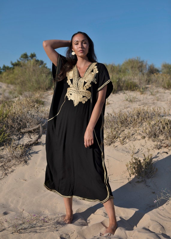 Gooey patroon Derde Lente kaftan jurk Marokkaanse Black Gold Beach Caftan-strand - Etsy België