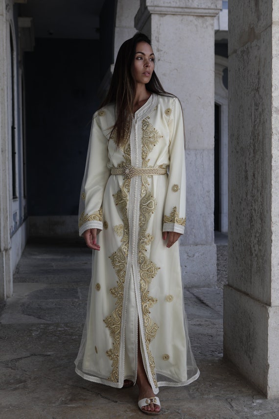 Spring Dress Kaftan Moroccan Modern Cream White Gold Embroidery