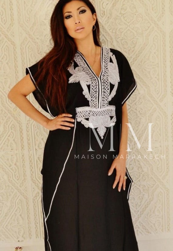 Black with white Marrakech Resort Caftan Kaftan -  beach cover ups, resortwear,loungewear, maxi dresses, birthdays, honeymoon, maternity,