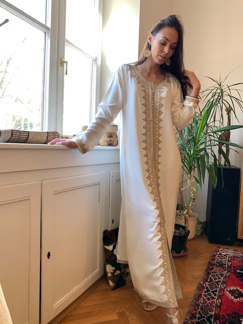 Spring Caftan Kaftan White &Beige kaftan Maxi Dress Karima-loungewear,beach kaftan, Autumn moroccan dress, mother's day,summer dress image 7