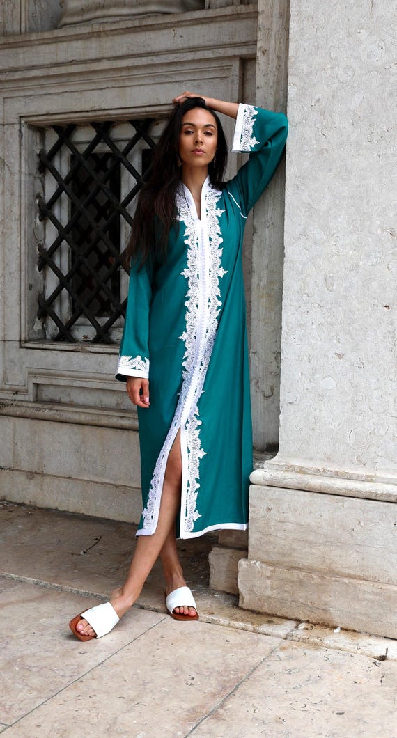 Etsy's Pick Gift-Green & White kaftan caftan Maxi Dress- Karima-loungewear,home dress,holiday dress,party dress,Moroccan kaftan,resort dress