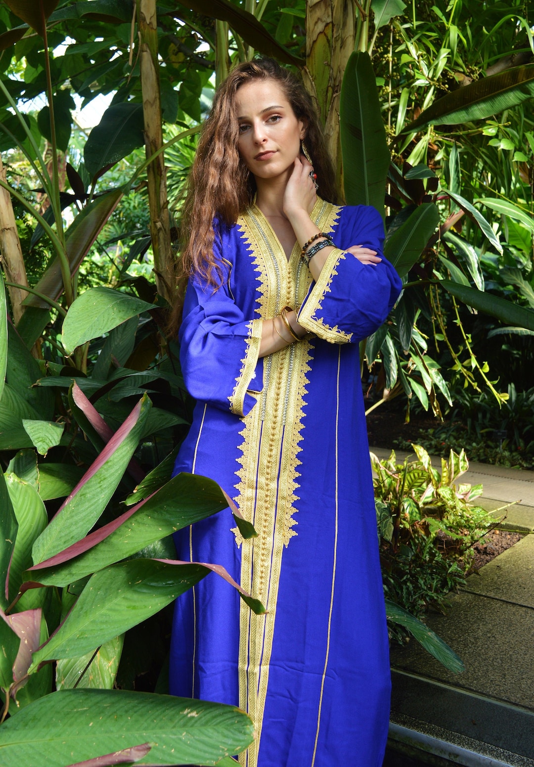 Caftan d'automne, caftan Naima bleu or, vêtements de villégiature