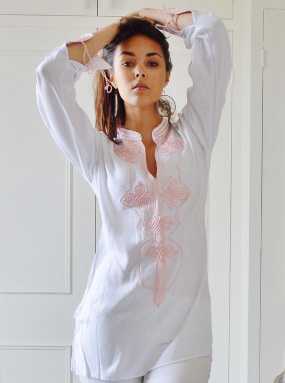 Summer Boho White Moroccan Bedouin Tunic- tunic, shirt, moroccan shirt, resort wear wear, beach wear, tunic,embroidery shirt, Gifts for her