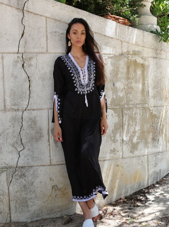 Spring Black White Kaftan-Caftan,Lounge Dress, Nadia,Dress, Bohemian Clothing, Maternity Dress, home kaftan, boho gift, resort dress Ramadan