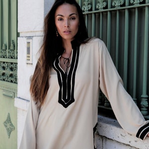 Spring Mariam Beige Tunic with Black Embroidery perfect chrismas gifts, birthday gifts, beachwear wear, dresses,beach kaftan, image 5