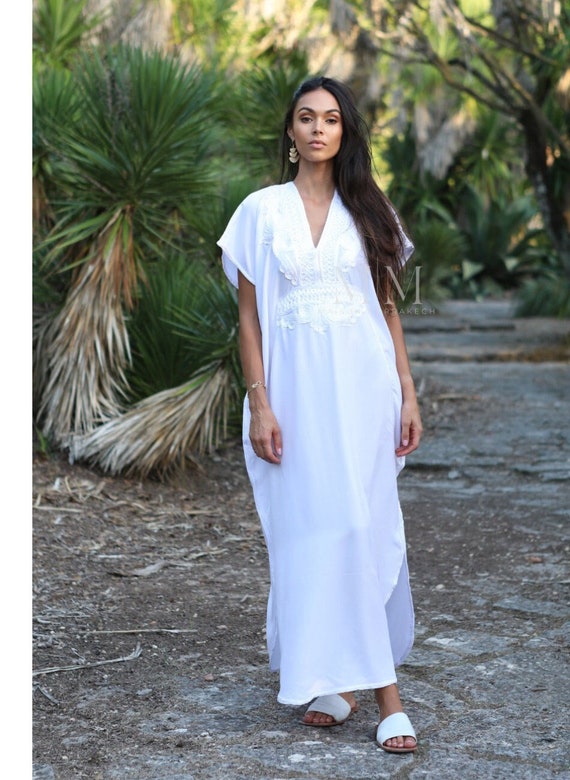 Spring Kaftan Dress Moroccan White White Caftan-beach cover up, resort dress, maternity, birthday gifts, plus size, vacations,summer dress