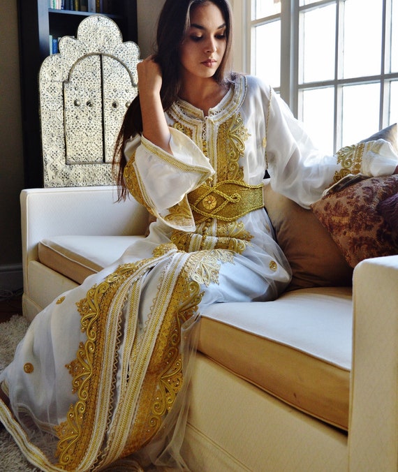 Spring Dress Kaftan Moroccan Modern White Gold Embroidery Caftan Kafan-Millia-moroccan parties, weddings,abbayas, , ,  dress,,,Gifts for her