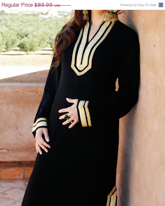 slim fit dress slacks 1970s Black Wool Gold Embroidered A-Line Caftan Maxi Dress