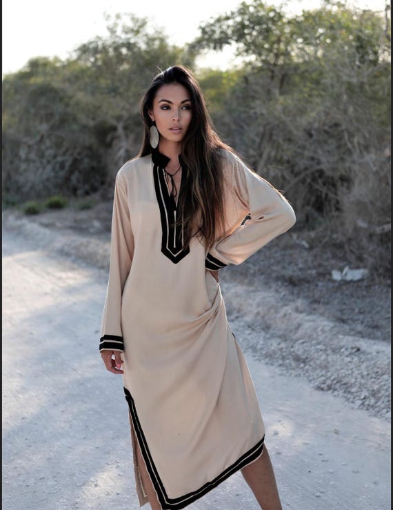 Spring Summer Beige Black Mariam Resort Caftan Kaftan-Birthday,gift for her,loungewear,holiday dress,home dress,beach dress,vacation,Eid