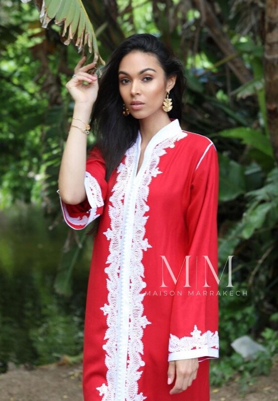 Summer Kaftan Red & White kaftan Maxi Dress- Karima-lounge,kaftan, beach kaftan, resort dress, home dress,holiday dress,cosy Moroccan dress