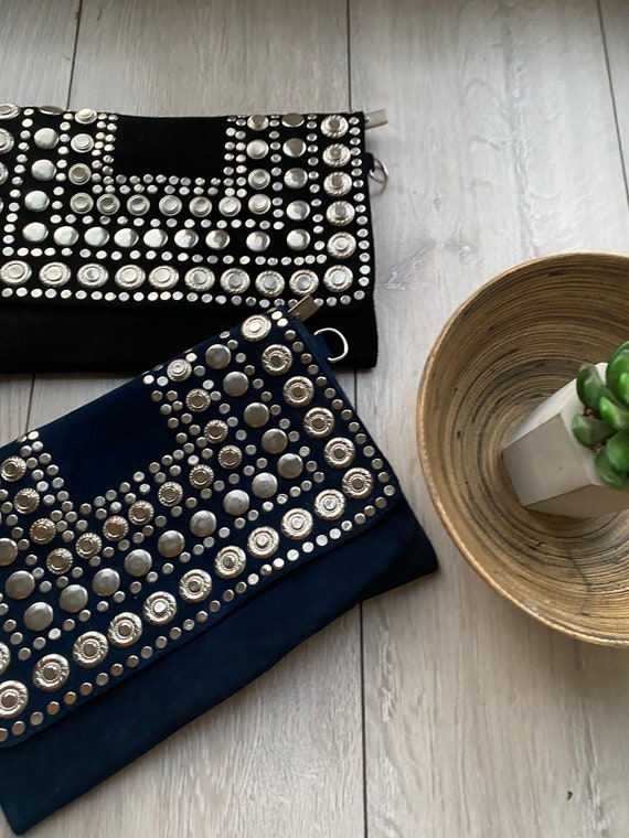 Blue suede silver studs Hand Clutch with Shoulder Straps Berber style-bag, handbag, purse gifts, gifts  her,  ,,Gifts for her,holiday,Eid