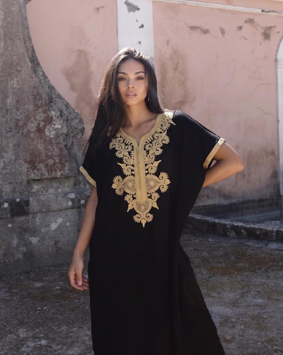 Summer Black Gold Laila Caftan Kaftan Gandora dress -Lounge resort, beach kaftan,home dress,Gift for her,moroccan holiday dress, boho dress