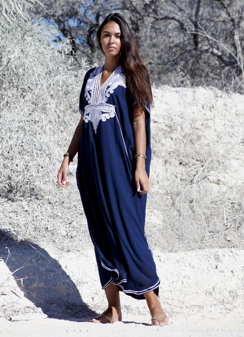 MM OriginalRobe caftan caftan bleu marine et argent bohème Marrakech, robe de plage, tenues de plage, tenues de villégiature, lounge, grandes tailles, cadeaux pour elle image 6