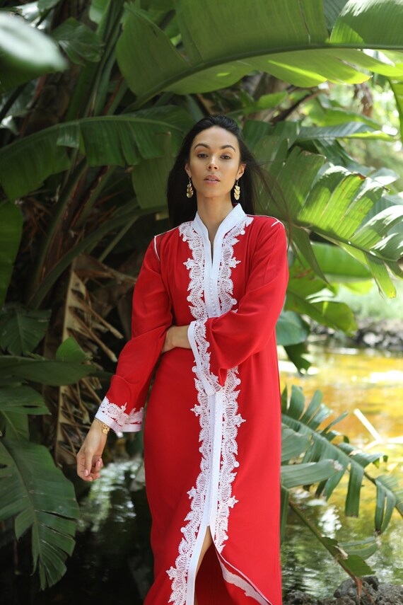 Spring Kaftan Red & White Moroccan caftan Maxi Dress- Karima-loungewear,gift for her, resort dress,beach kaftan,home dress, ramadan gift