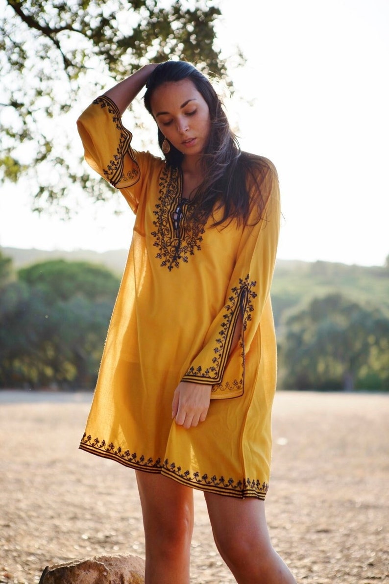 Spring Dress Mustard Tunic Dress Navy Blue Boho Tunic loungewear, resortwear, bohemian clothing, embroidery top, tunic dress,Gifts for her image 1