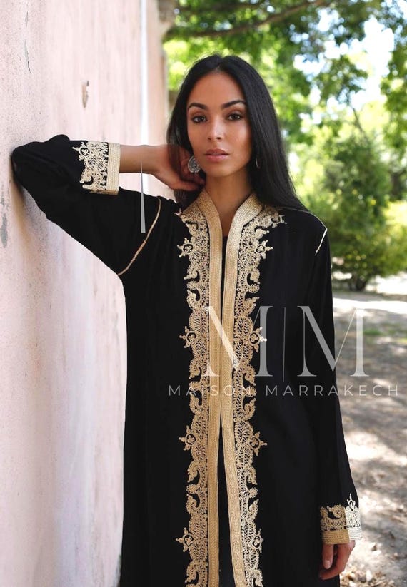 Summer Black Gold Kimono Jacket Leyla-caftan kimono,gown,party gown,birthday gifts,moroccan jacket,resort wear,cotton jacket, boho dress