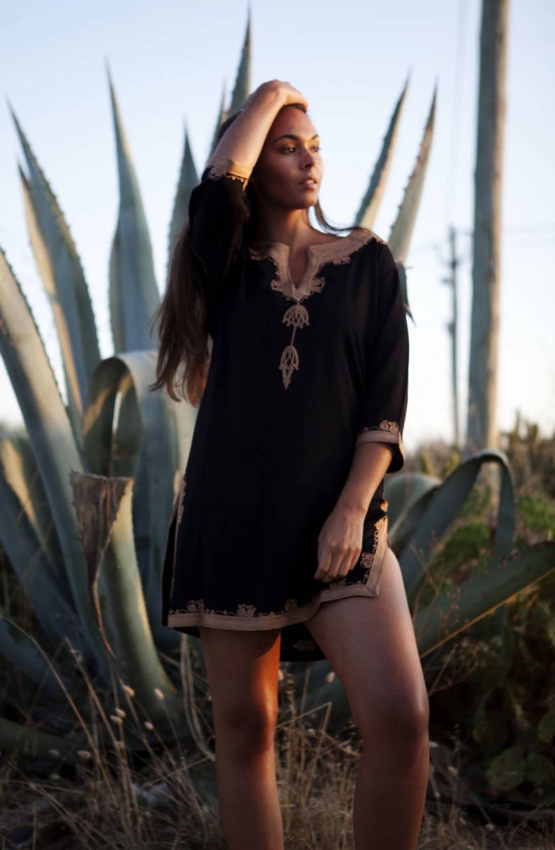 Spring Tunic Dress Black Brown Embroidery Moroccan Tunic Khalia gifts, holiday wear, casual wear, resortwear, beach wear, dress,, image 1