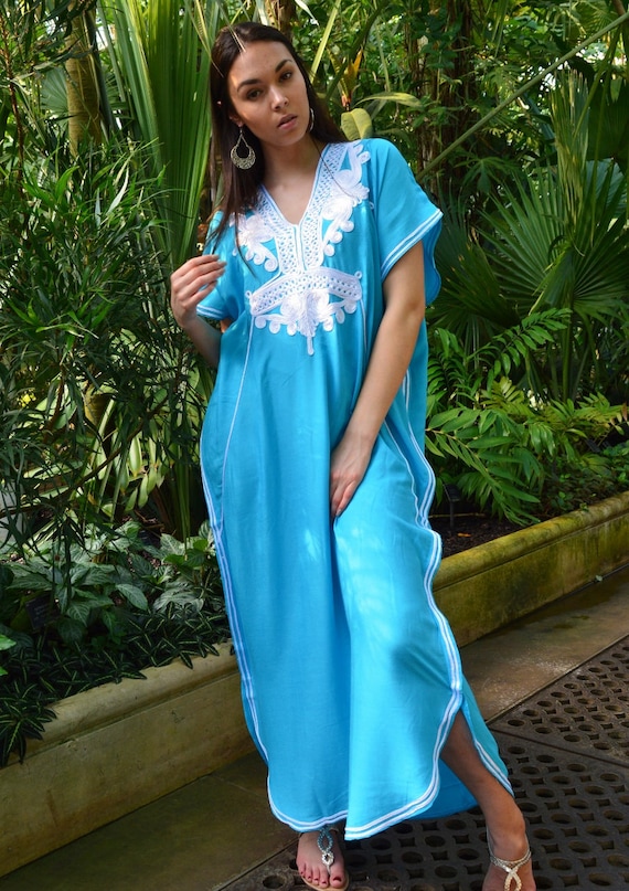 Summer Kaftan-Turquoise Blue & White Marrakech Resort Caftan Kaftan - beach cover ups, resortwear,maxi dress,home dress, gift for herholiday