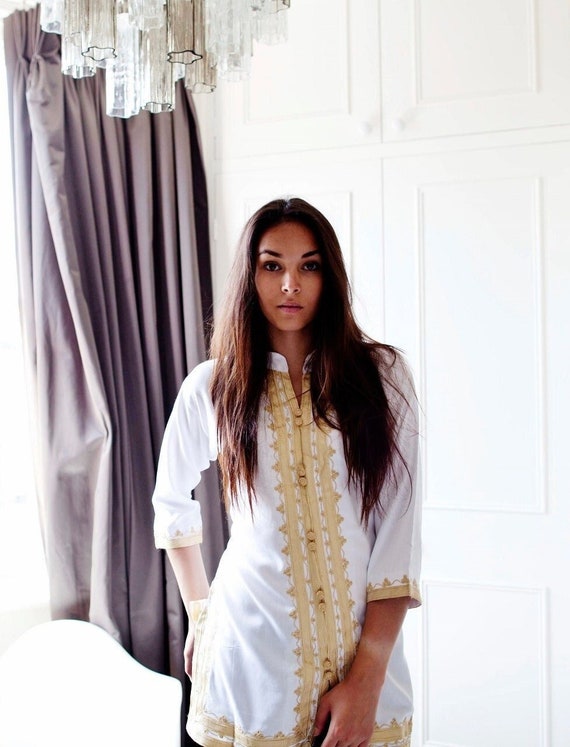 Handmade White & Gold Brown Moroccan Tunic-birthday gifts, beach, resort wear, honeymoon gifts, bohemian, gifts for her,  gifts,holiday,Eid