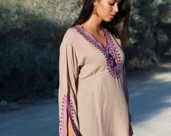 Caftan beige lilas-robe brodée en coton, caftan bohème, cadeaux
