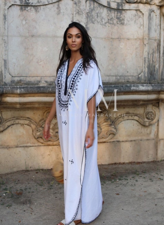 PREORDER-Summer White & Black  Caftan Kaftan Berber -resort kaftan,home dress,holiday dress,cosy dress,gift for her,maternity dress,XL size