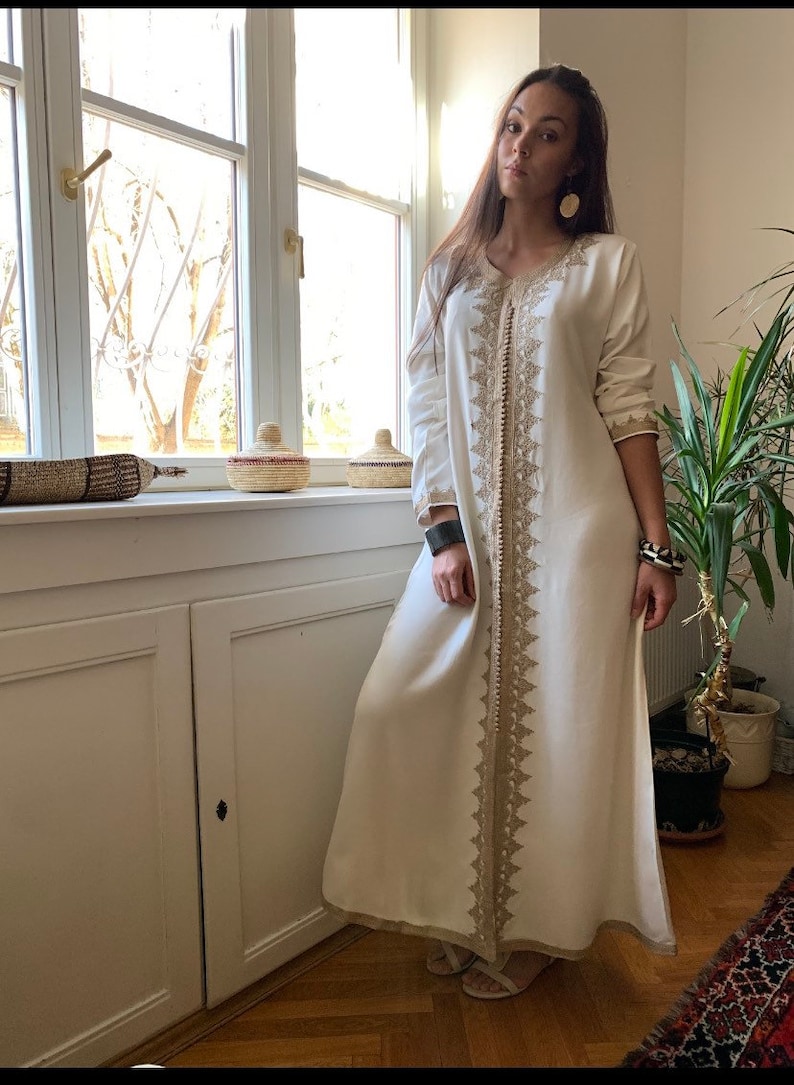 Spring Caftan Kaftan White &Beige kaftan Maxi Dress Karima-loungewear,beach kaftan, Autumn moroccan dress, mother's day,summer dress image 6