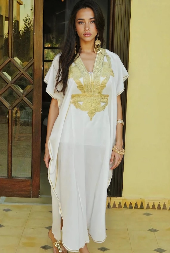 Winter  Bride Gown White Gold Marrakech One Size Resort Moroccan Kaftan- wholesale, Beach wedding, bridal shower party,Gifts for her,Eid