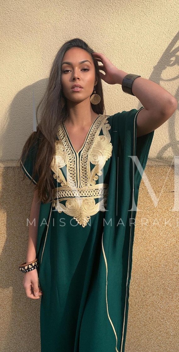 Summer Kaftan Dress Moroccan Green Gold Beach Caftan-beach cover up, resortwear wear,home dress wear, birthday, wedding gifts, brides kaftan