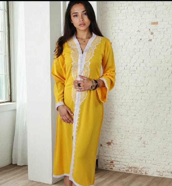Spring Yellow Moroccan Maxi Dress Caftan -Luxury loungewear,resortwear,beach cover up,  beach wear, Birthdays,Honeymoon or Maternity Gifts,