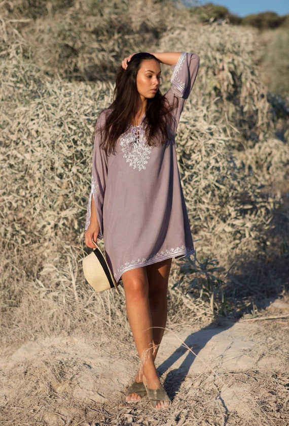 Summer Grey Dress White Boho Tunic loungewear, resortwear, bohemian clothing, embroidery top, Marrakech Tunic, gift for her, Ramadan dress