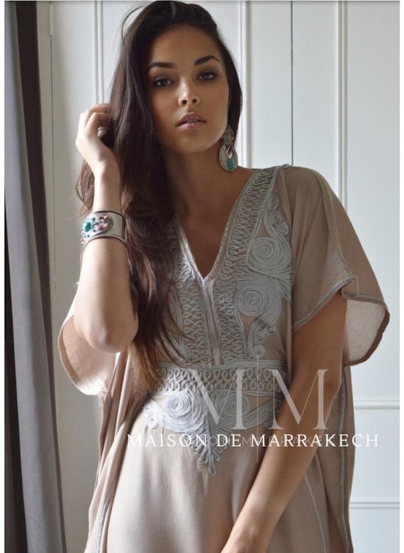 Summer Kaftan Caftan-Beige Silver Kaftan Dress -lounge dress,home dress,resort dress,beach dress,gift for her,holiday gift,Eid
