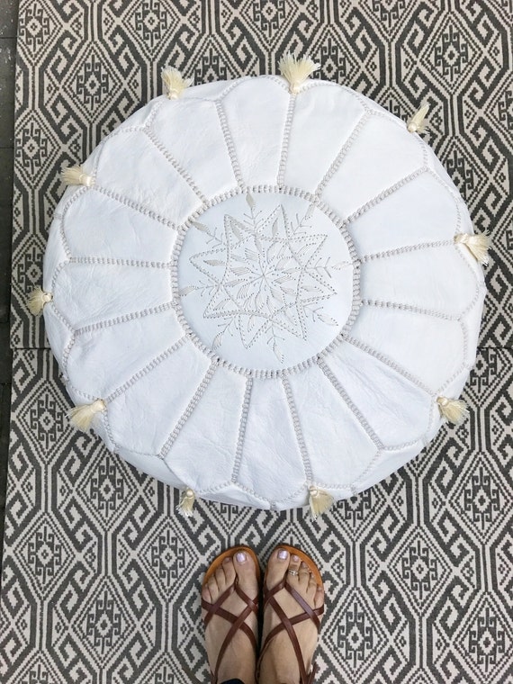 Spring White Moroccan Leather Pouf with Tassels & Pompoms -Home gifts, wedding gifts,birthday gifts, ottoman,  decor,,father's day gift