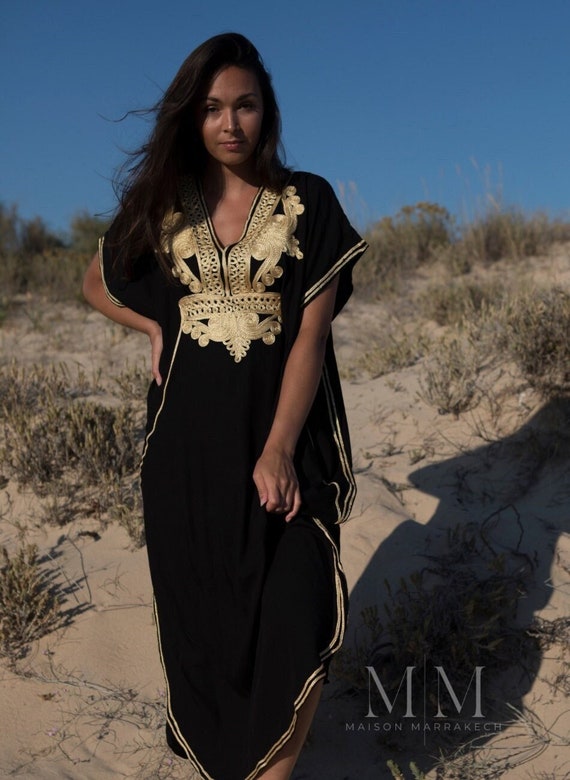 Spring Kaftan Dress Moroccan Black Gold Beach Caftan-beach cover up, resortwear wear,home dress wear, birthday, wedding gift,Gifts for her