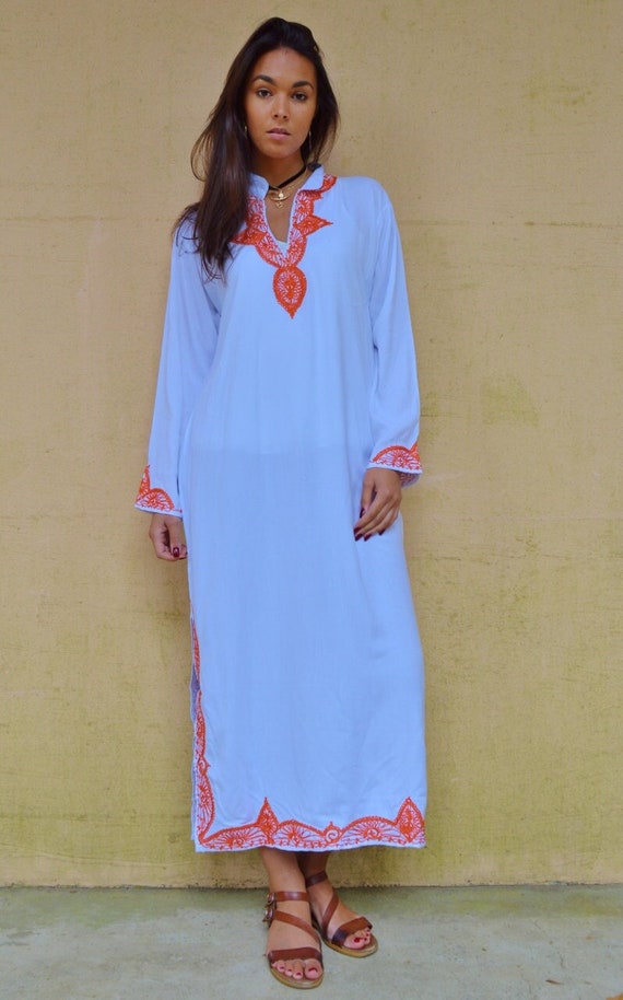 Spring 25% OFF SALE Kaftan Moroccan Clothing //White Orange Melik Moroccan Caftan Kaftan -maxi, resort, beach cover up, , Moroc, dress,,,