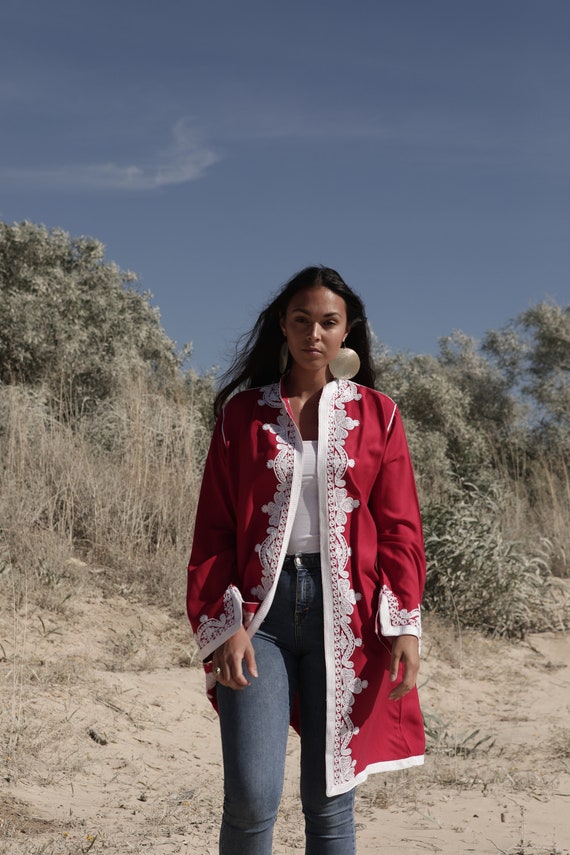 Cotton Red Kimono Jacket Moroccan Embroidery with hooks-boho wear, birthday gifts, bohemian jacket, velvet, mother's day, dress,Ramadan