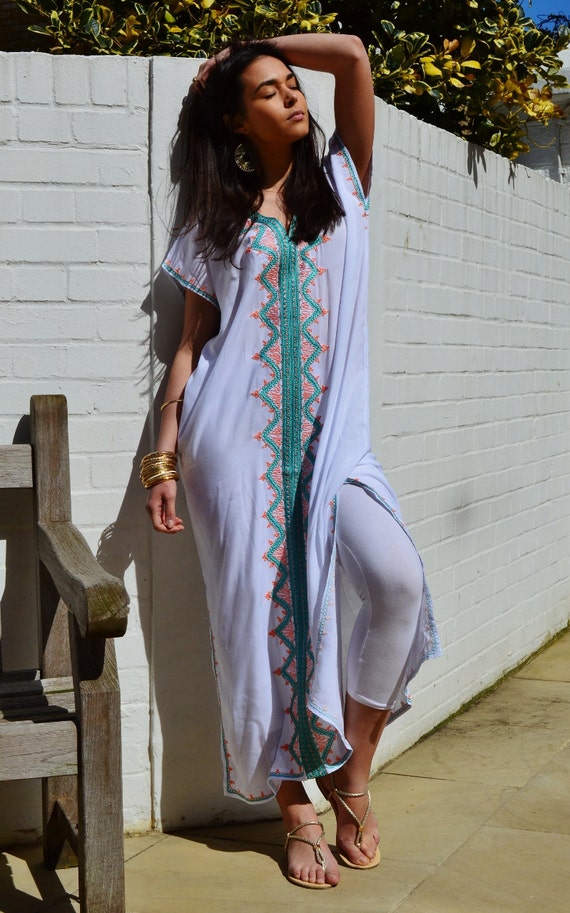 Summer Trendy White Zahra Boho Caftan Kaftan - giftswear,resortwear  , , Wedding,home dress gifts dress,,,,Summer dress,,Gifts for her,,Eid