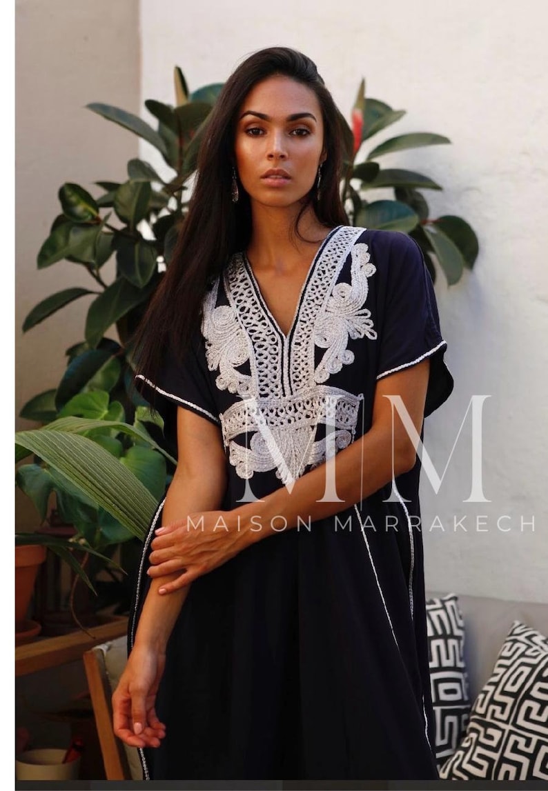 navy blue and silver trim maison marrakech kaftan dress