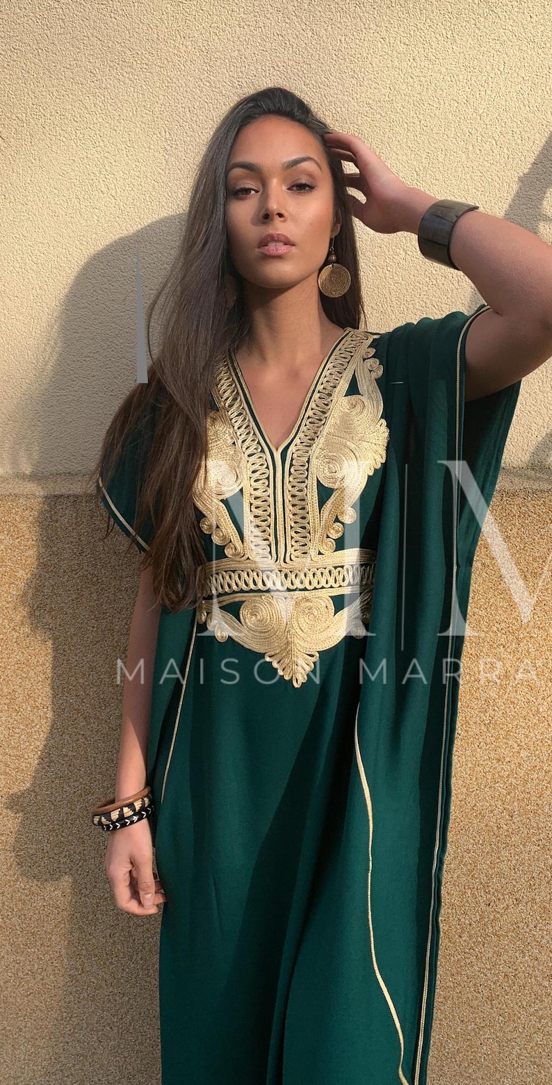Etsy's Pick- Autumn Kaftan Dress Moroccan Green Gold Beach Caftan-beach cover up,resort dress,home dress,birthday,holiday dress, boho dress image 7