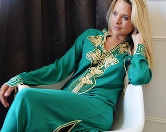 Spring Dress Emerald Green Moroccan Caftan Kaftan Aisha- giftswear,resortwear, Maternity dress, stay home kaftan, lounge wear, recovery wear