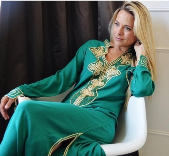 Spring Dress Emerald Green Moroccan Caftan Kaftan Aisha- giftswear,resortwear, Maternity dress, stay home kaftan, lounge wear, recovery wear