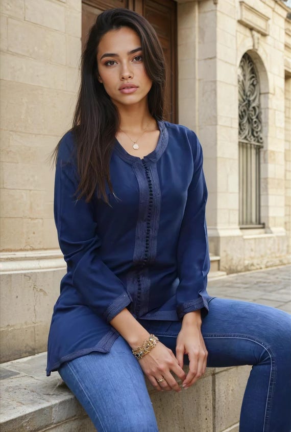 Winter Dress Magrib Navy Blue Shirt - casual tunic,holiday tunic,resort wear,Summer shirt,Gifts for her,birthday gifts,,Eid Gifts,Valentines